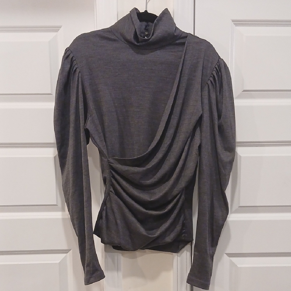 Isabel Marant Virgin Wool Ruched Faux Wrap Puff Sleeve Top Grey Size 42 (US 10)